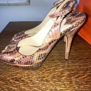 Jimmy Choo Pink Cream Snakeskin Peep Toe Heels
